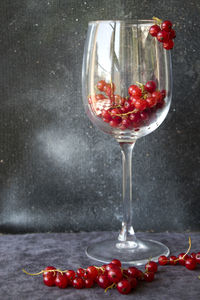 Close-up of red wine glass on table