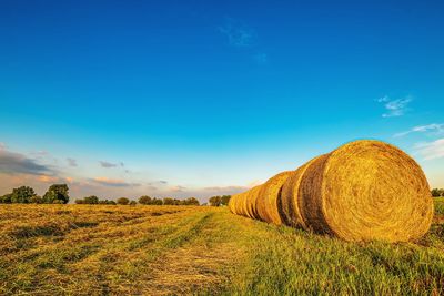 Hay bales on field against sky