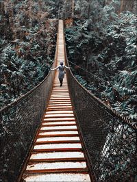 Rear view of woman walking on footbridge in forest