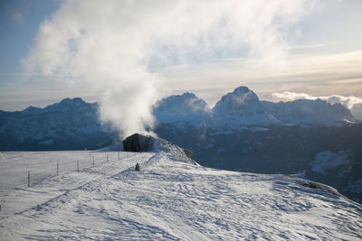 Scenic view of snow covered mountains against sky