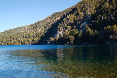 Scenic view of lake against clear blue sky