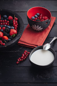 High angle view of strawberries in bowl on table