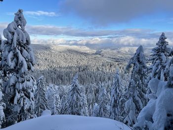 Scenic view of snowcapped mountains against sky during winter