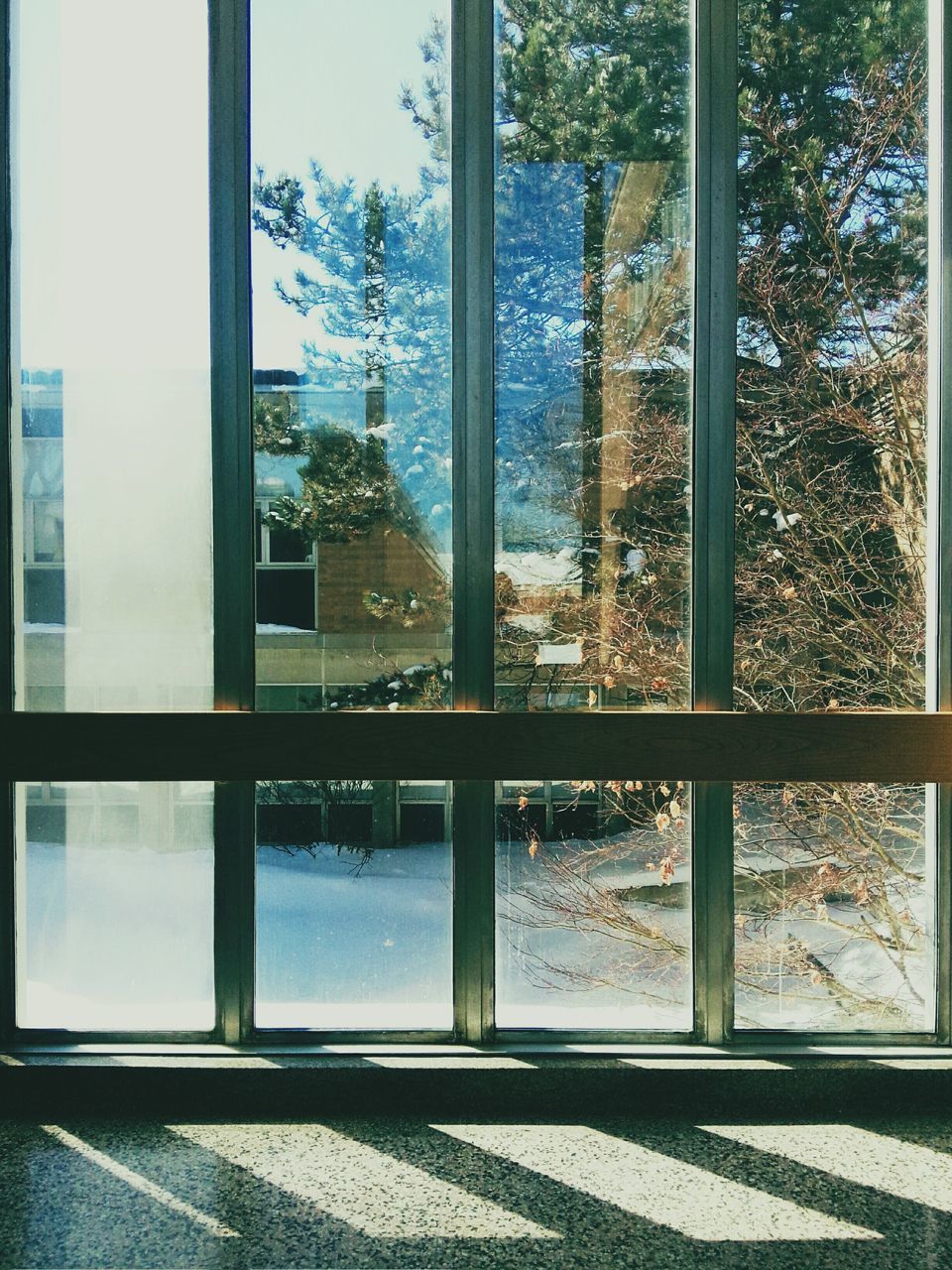 window, glass - material, transparent, indoors, architecture, built structure, building exterior, reflection, glass, looking through window, day, tree, city, door, closed, house, sunlight, building, residential building, metal