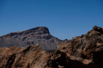 Low angle view of rock formation against clear blue sky