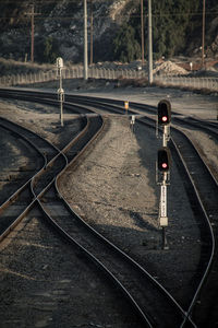 High angle view of railroad tracks by road in city