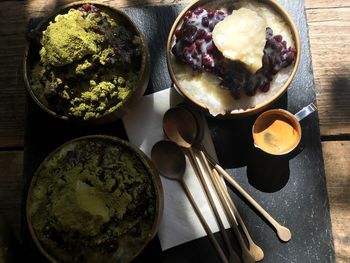 High angle view of breakfast on table