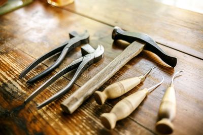 High angle view of tools on table