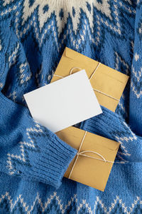 High angle view of paper on table