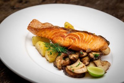 High angle view of fish in plate on table