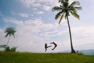 Man and palm trees on field against sky