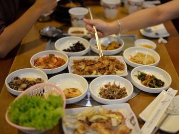 High angle view of food served on table