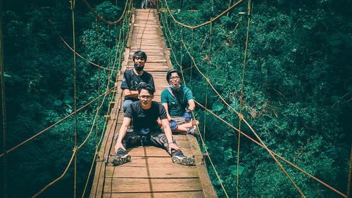 High angle view of people on footbridge in forest