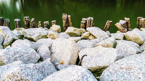 Close-up of rocks by lake