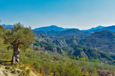 Scenic view of mountains against clear blue sky