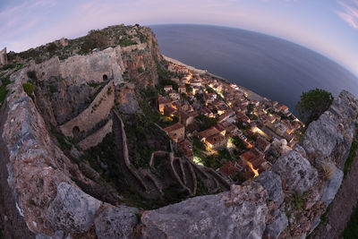High angle view of ancient monemvasia town by sea