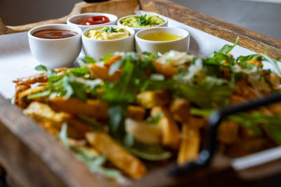 High angle view of meal served in plate