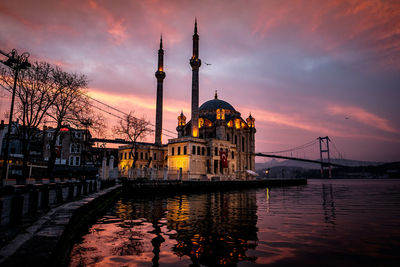 River amidst buildings against sky during sunset