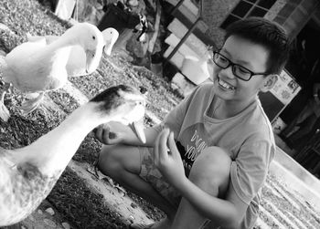 Boy feeding ducks