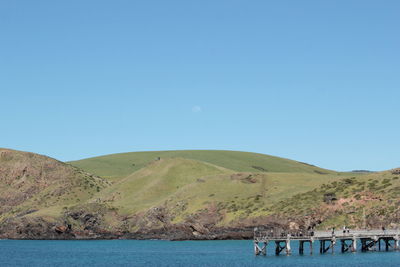 Scenic view of sea and mountains against clear blue sky