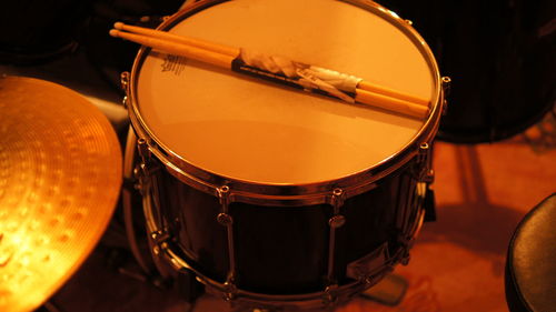 High angle view of drum kit