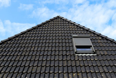 Low angle view of building roof against sky