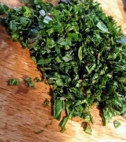 High angle view of chopped vegetables on cutting board