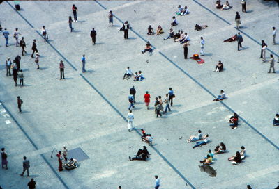 High angle view of people on street