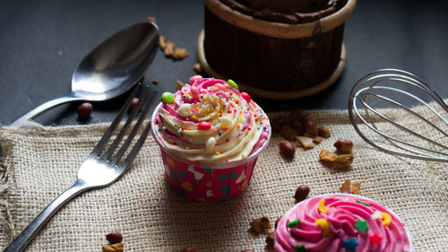 High angle view of ice cream on table