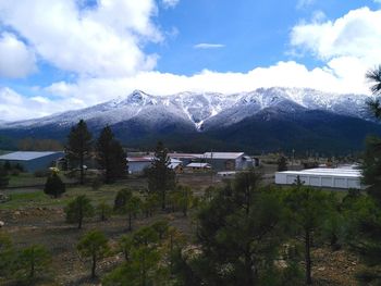 Houses by trees and mountains against sky