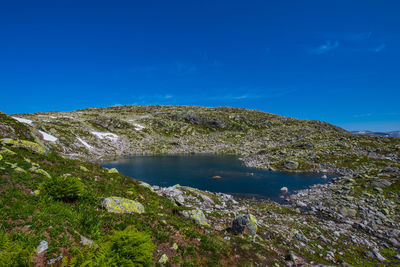 Scenic view of lake against blue sky