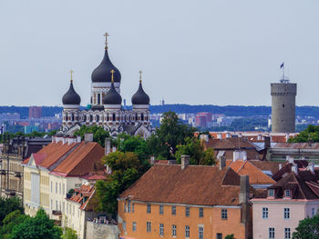 Buildings in city against clear sky