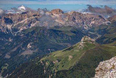 High angle view of landscape and mountains against sky