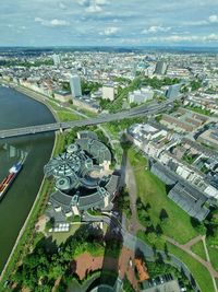 High angle view of buildings in city