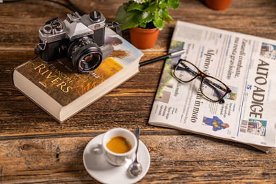 High angle view of coffee on table