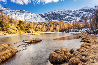 Scenic view of snowcapped mountains against sky