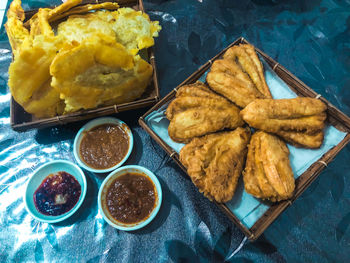 High angle view of breakfast served on table