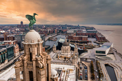 Aerial view of the liver birds statue taken in the sunrise