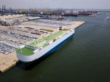 High angle view of ship moored at harbor