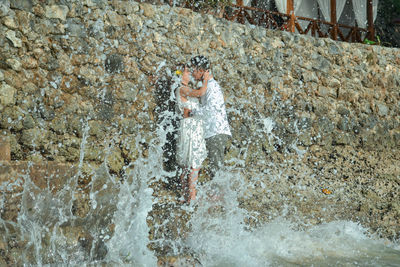 High angle view of woman in water
