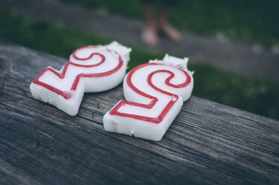 Close-up of number candles on table