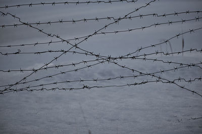Barbed wire fence on field against sky