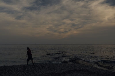 Rear view of man on beach against sky during sunset