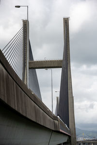 Low angle view of suspension bridge against cloudy sky