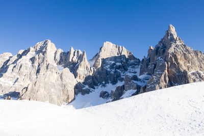 Scenic view of snowcapped mountains against clear blue sky