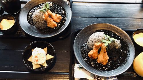 High angle view of food served in plate