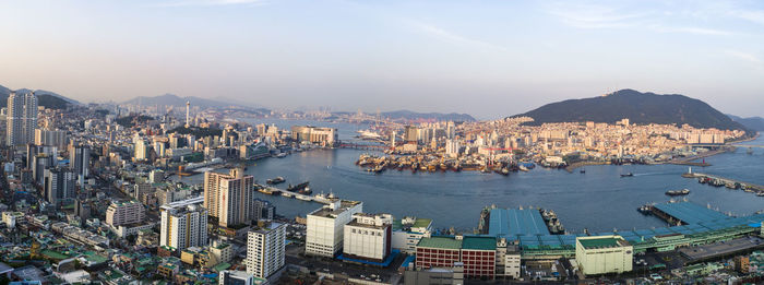 High angle view of city buildings