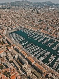 High angle view of buildings in city