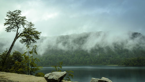 Scenic view of lake against cloudy sky