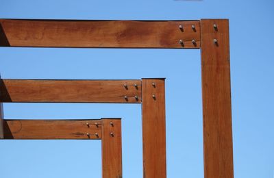 Low angle view of wooden structure against clear blue sky